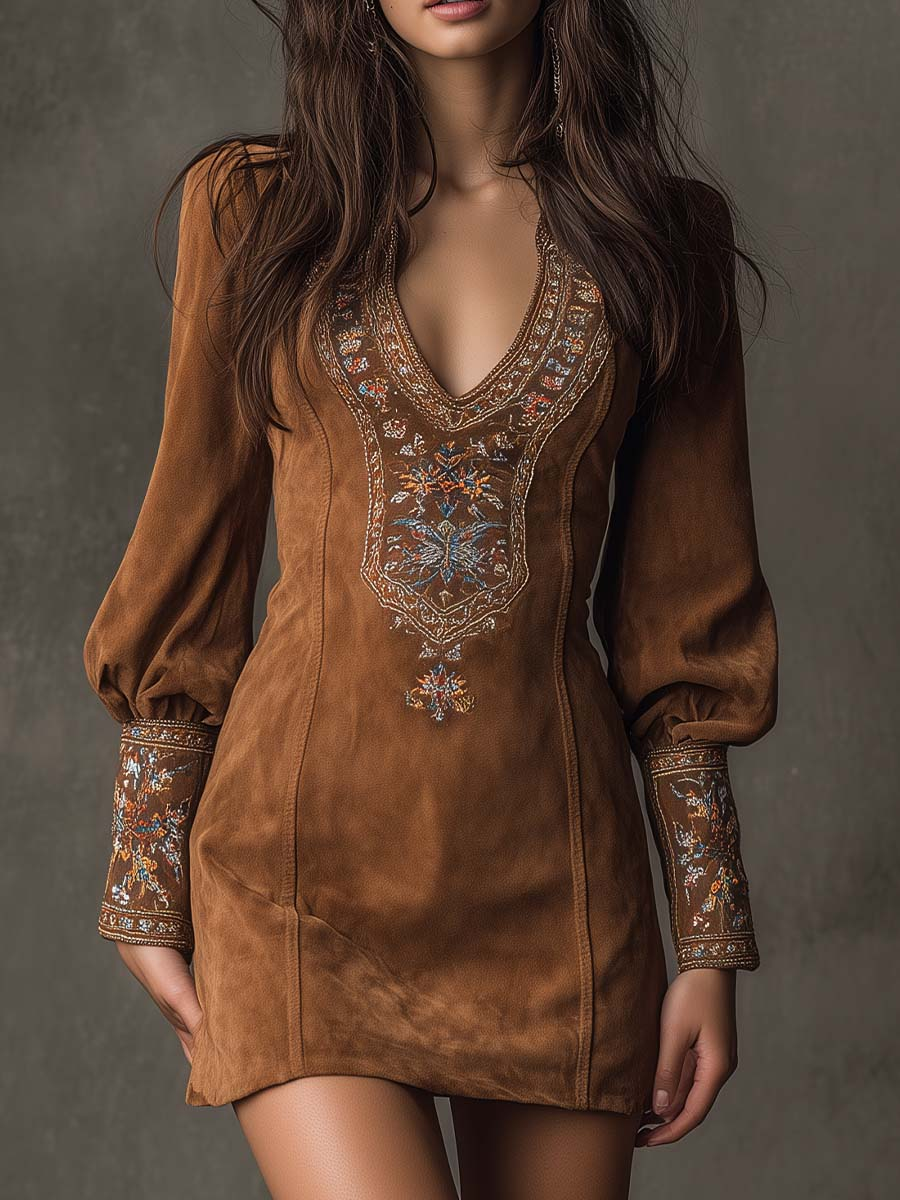 DÉBORA | Minivestido Efecto Ante con Escote de Pico Bordado
