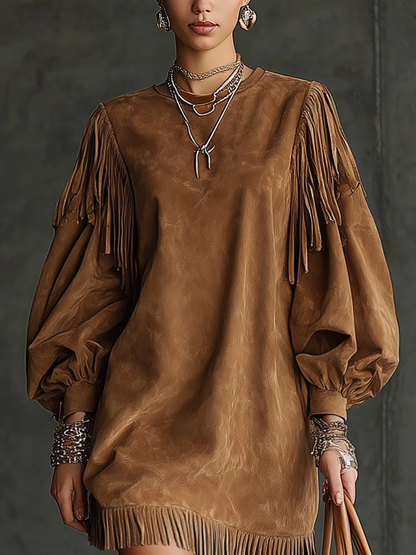 CARMEN | Minivestido de Antelina con Mangas Abullonadas y Flecos