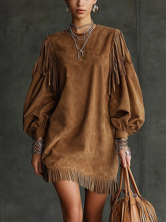 CARMEN | Minivestido de Antelina con Mangas Abullonadas y Flecos