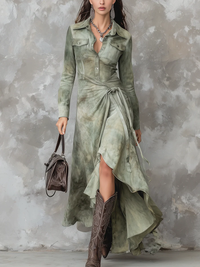 AURELIA | Vestido Midi Tie-Dye Verde Salvia con Cuello y Bolsillos