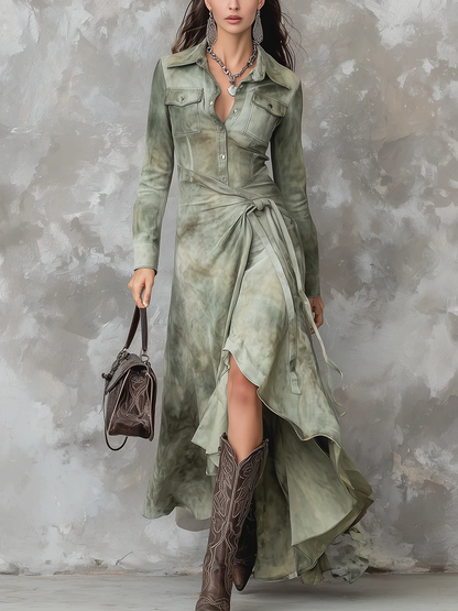 AURELIA | Vestido Midi Tie-Dye Verde Salvia con Cuello y Bolsillos
