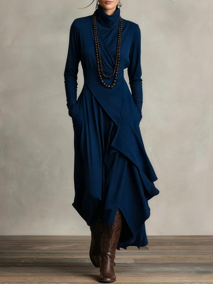 CARLA | Vestido Largo de Punto Jersey con Cuello Alto y Drapeado Asimétrico