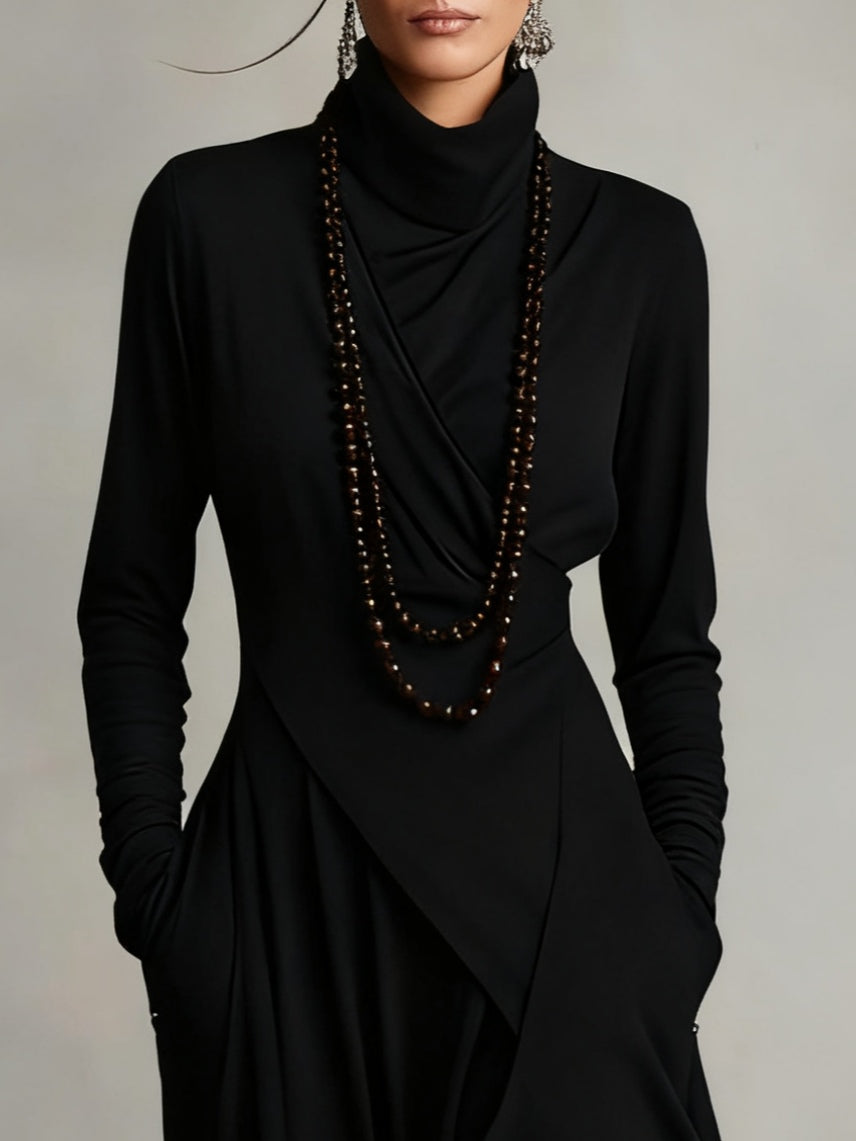 CARLA | Vestido Largo de Punto Jersey con Cuello Alto y Drapeado Asimétrico
