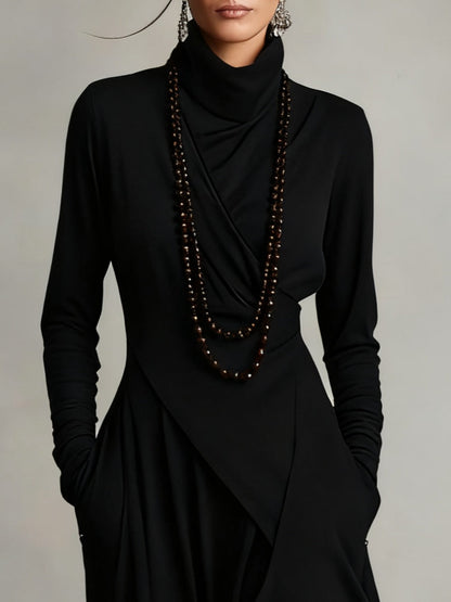 CARLA | Vestido Largo de Punto Jersey con Cuello Alto y Drapeado Asimétrico