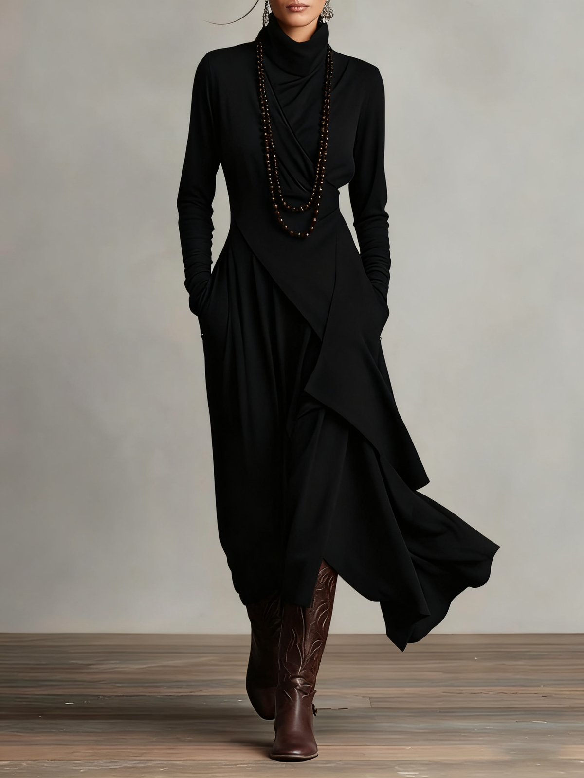CARLA | Vestido Largo de Punto Jersey con Cuello Alto y Drapeado Asimétrico