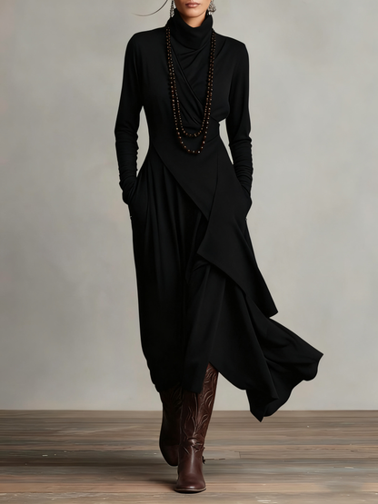 CARLA | Vestido Largo de Punto Jersey con Cuello Alto y Drapeado Asimétrico