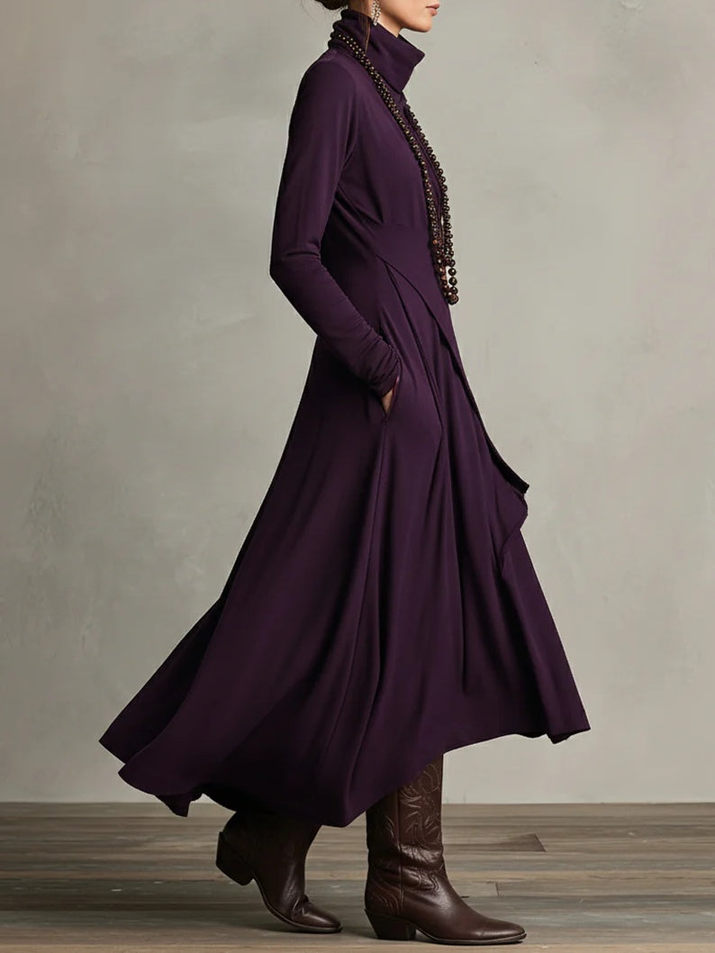 CARLA | Vestido Largo de Punto Jersey con Cuello Alto y Drapeado Asimétrico