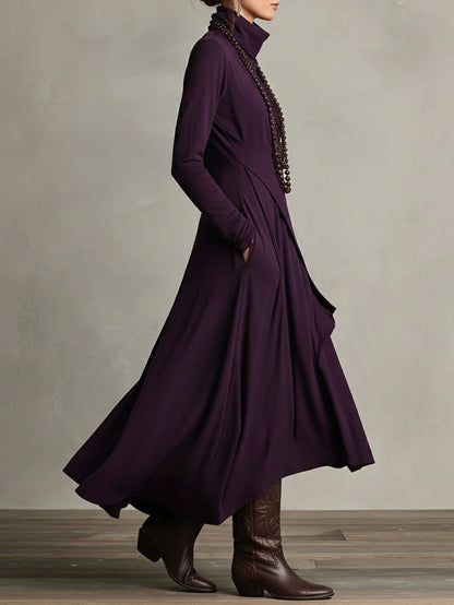 CARLA | Vestido Largo de Punto Jersey con Cuello Alto y Drapeado Asimétrico