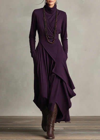CARLA | Vestido Largo de Punto Jersey con Cuello Alto y Drapeado Asimétrico