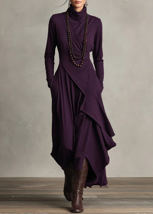 CARLA | Vestido Largo de Punto Jersey con Cuello Alto y Drapeado Asimétrico