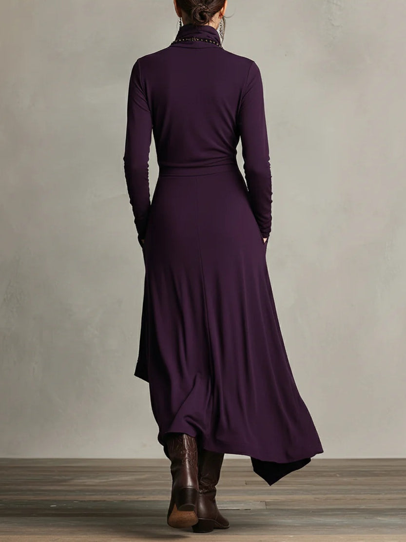 CARLA | Vestido Largo de Punto Jersey con Cuello Alto y Drapeado Asimétrico