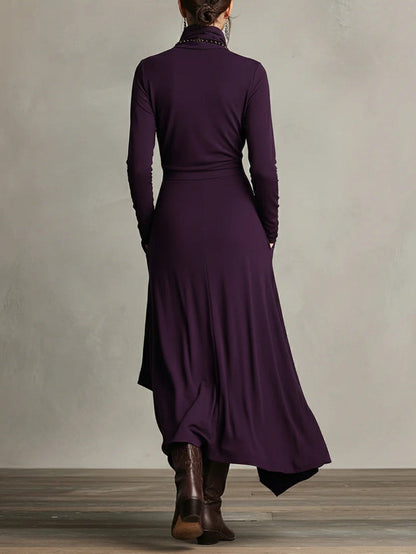 CARLA | Vestido Largo de Punto Jersey con Cuello Alto y Drapeado Asimétrico