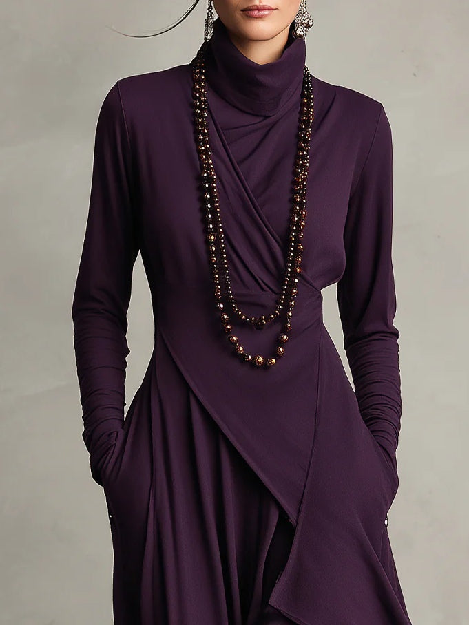 CARLA | Vestido Largo de Punto Jersey con Cuello Alto y Drapeado Asimétrico