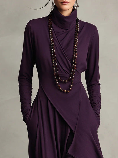 CARLA | Vestido Largo de Punto Jersey con Cuello Alto y Drapeado Asimétrico