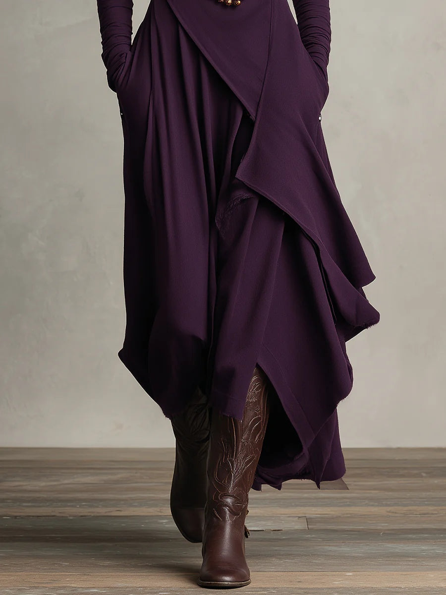 CARLA | Vestido Largo de Punto Jersey con Cuello Alto y Drapeado Asimétrico