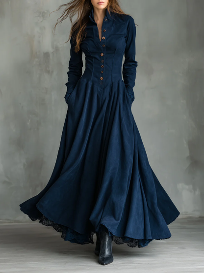 JOVITA | Vestido Largo Azul Noche Efecto Ante con Cuello Camisero y Bordes de Encaje
