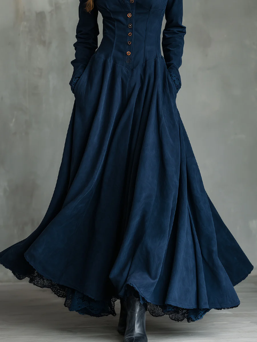 JOVITA | Vestido Largo Azul Noche Efecto Ante con Cuello Camisero y Bordes de Encaje