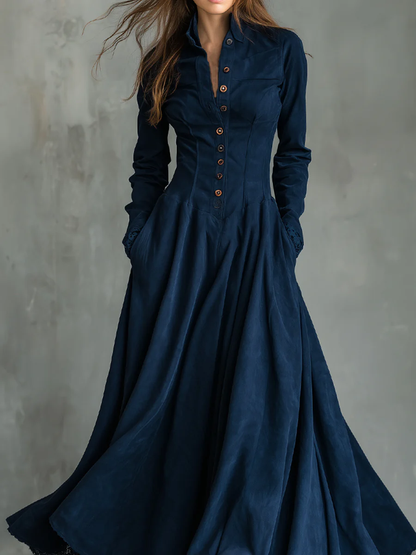 JOVITA | Vestido Largo Azul Noche Efecto Ante con Cuello Camisero y Bordes de Encaje
