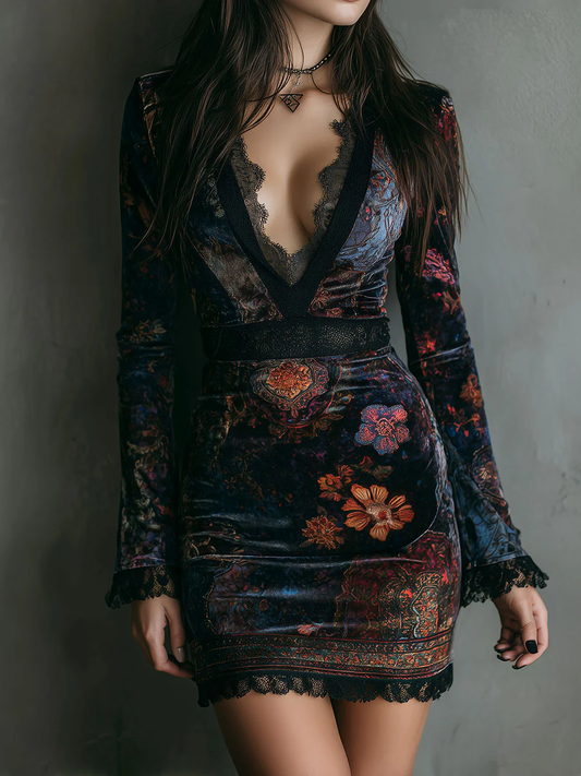 CASANDRA | Minivestido de Terciopelo de Flores con Escote de Pico y Ribete de Encaje