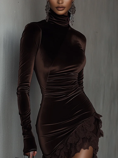 SALVADORA | Minivestido de Terciopelo con Cuello Alto y Bajo de Encaje