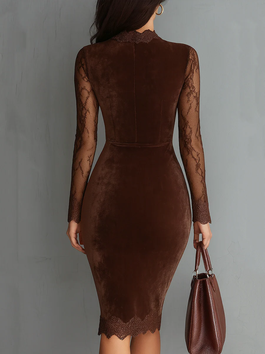 CARMELA | Minivestido de Terciopelo Marrón con Mangas de Encaje