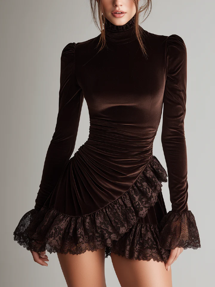 SEBASTIANA | Minivestido de Terciopelo Marrón con Cuello Alto y Volantes de Encaje