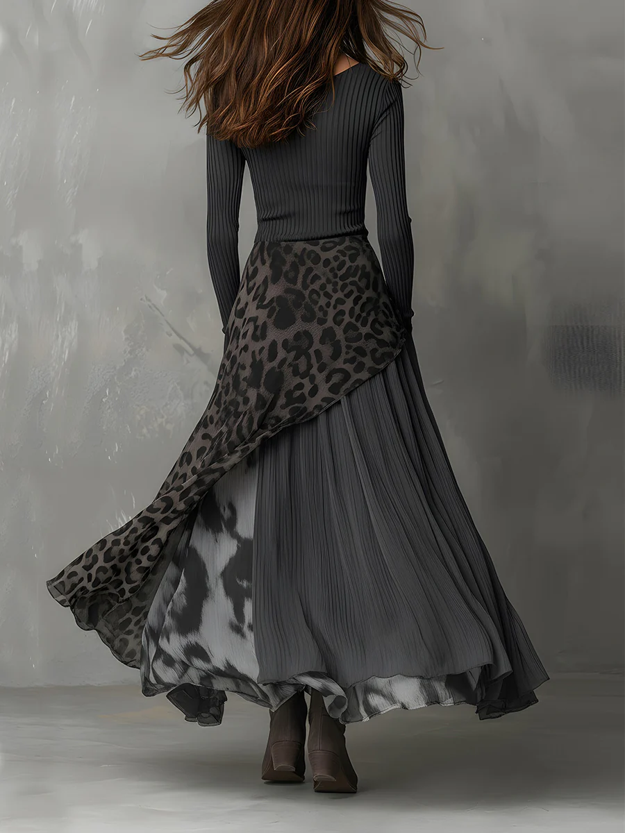 CORA | Vestido Largo Gris con Inserciones de Leopardo y Bajo Asimétrico