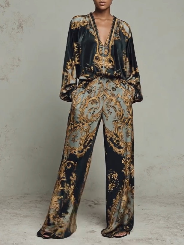 JASONE | Conjunto de Blusa y Pantalón Ancho con Estampado Barroco