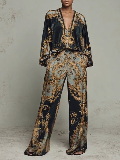 JASONE | Conjunto de Blusa y Pantalón Ancho con Estampado Barroco