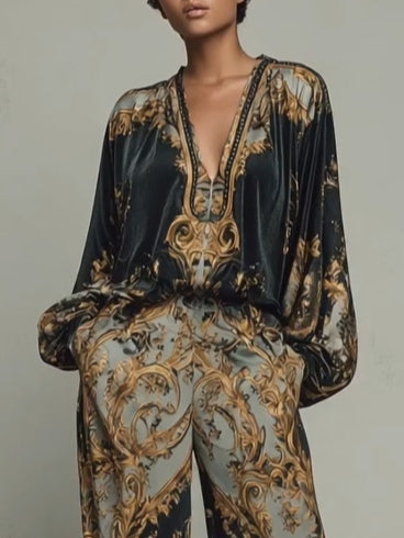 JASONE | Conjunto de Blusa y Pantalón Ancho con Estampado Barroco