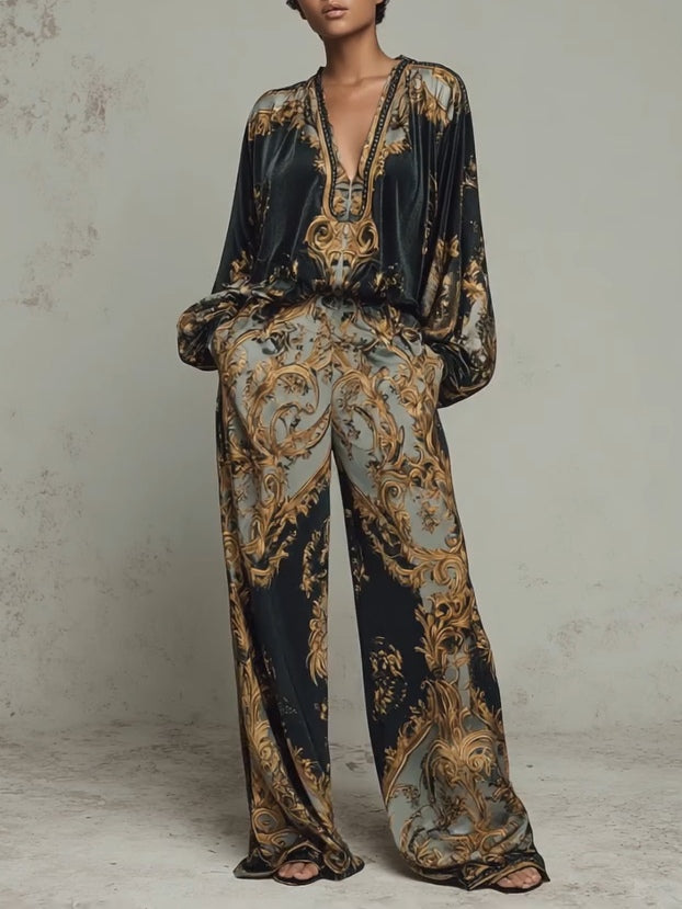 JASONE | Conjunto de Blusa y Pantalón Ancho con Estampado Barroco