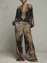 JASONE | Conjunto de Blusa y Pantalón Ancho con Estampado Barroco