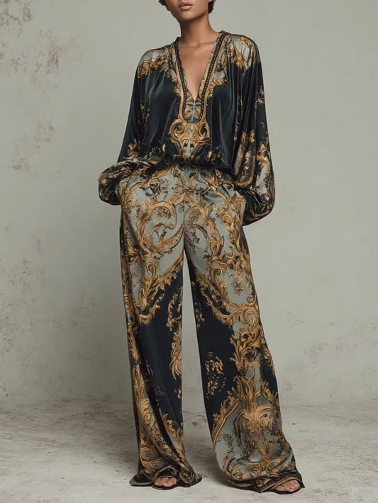 JASONE | Conjunto de Blusa y Pantalón Ancho con Estampado Barroco