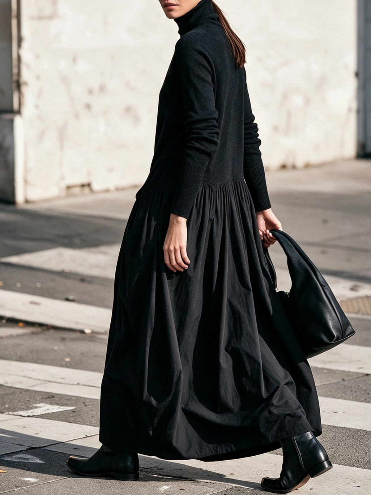 MARINA | Vestido Largo Oversize con Cuello Alto y Maxibolsillos