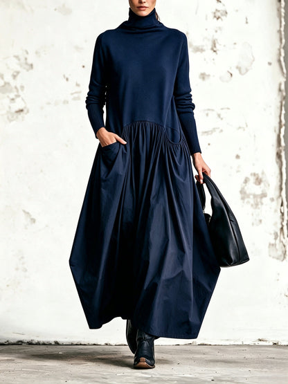 MARINA | Vestido Largo Oversize con Cuello Alto y Maxibolsillos