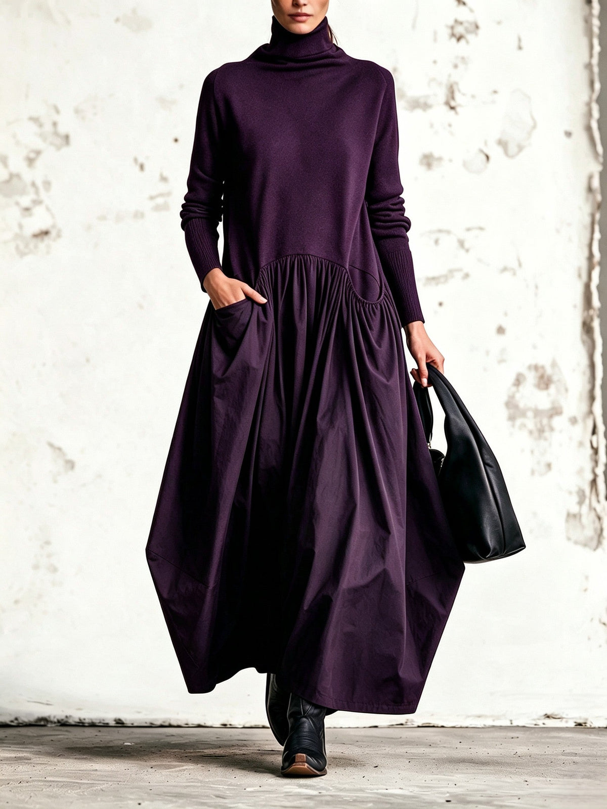 MARINA | Vestido Largo Oversize con Cuello Alto y Maxibolsillos