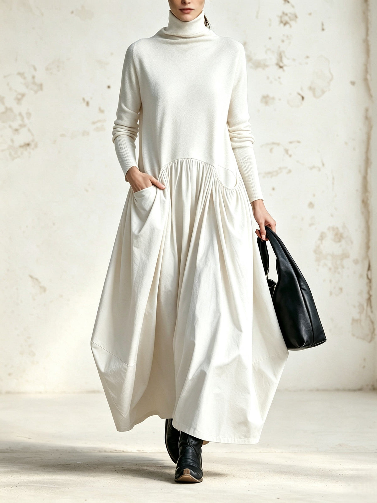 MARINA | Vestido Largo Oversize con Cuello Alto y Maxibolsillos