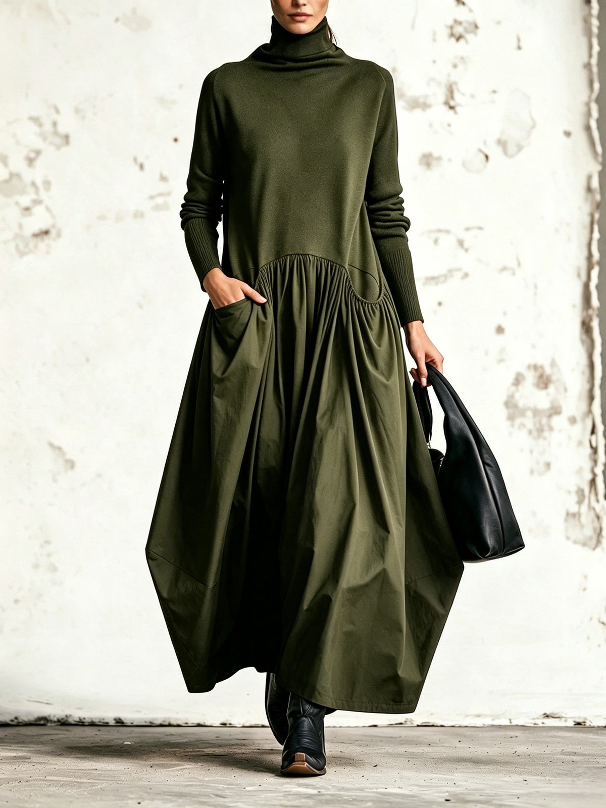 MARINA | Vestido Largo Oversize con Cuello Alto y Maxibolsillos