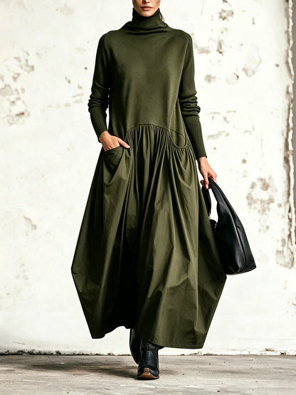 MARINA | Vestido Largo Oversize con Cuello Alto y Maxibolsillos