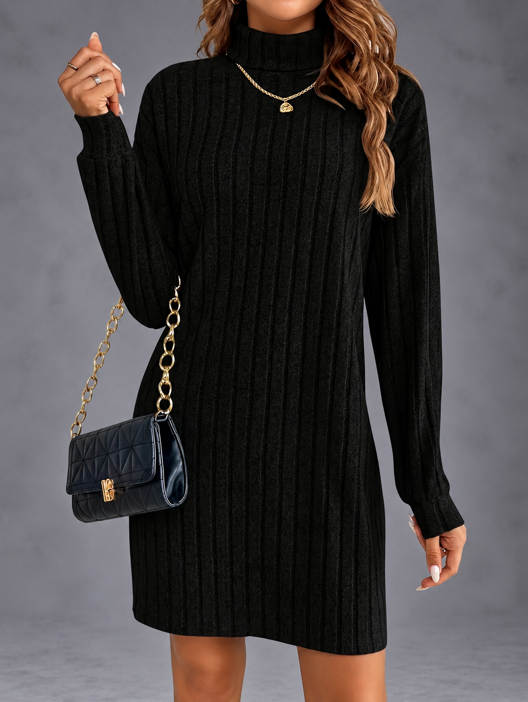 ISABELA | Vestido Jersey de Canalé con Cuello Alto