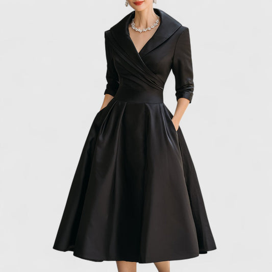 AMAIUR | Vestido Midi con Cuello Chal y Falda de Vuelo