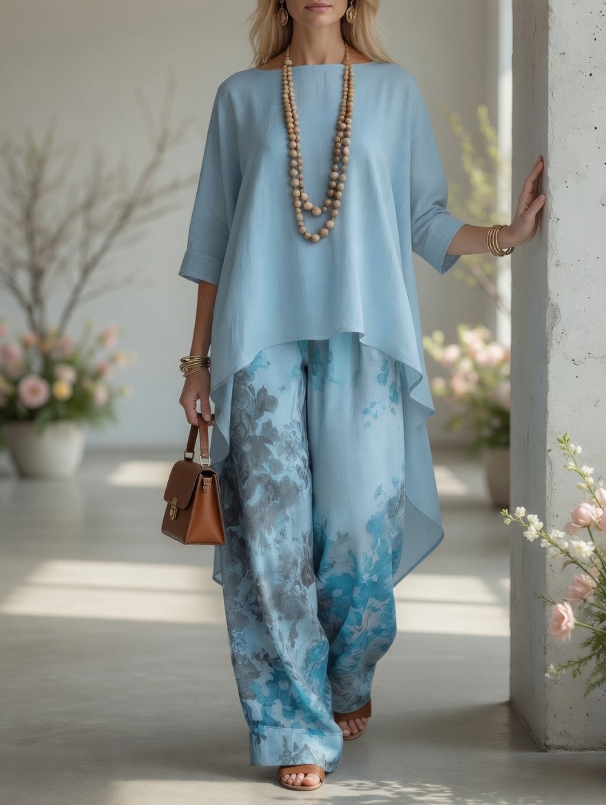 DIONISIA | Conjunto de Túnica Asimétrica y Pantalón con Estampado Botánico