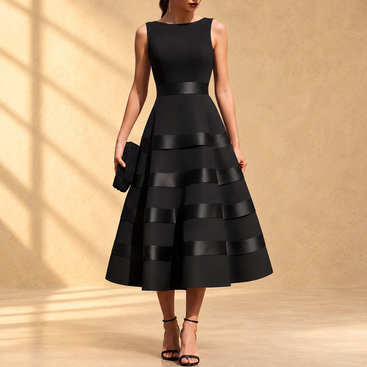 MARIELA | Vestido Midi Negro sin Mangas con Falda de Vuelo y Bandas de Satén