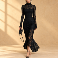 AMAYA | Vestido Midi de Encaje Negro con Cuello Alto y Bajo Sirena