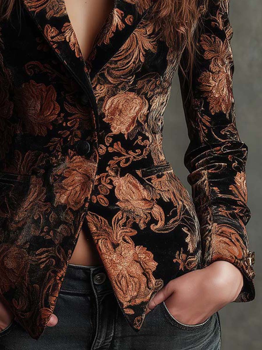 ISOLINA | Blazer Entallado Negro con Estampado Floral Bronce