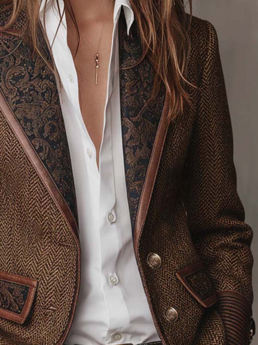 LUCIANA | Blazer Marrón con Aplicaciones Estampadas en Zigzag