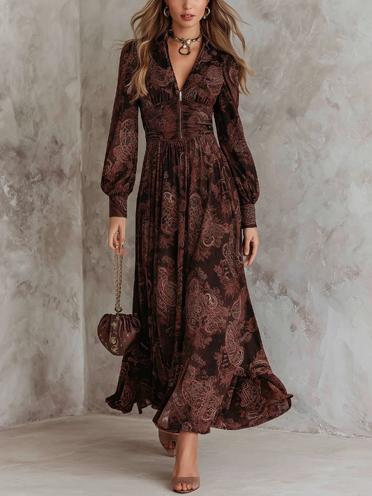 EUGENIA | Vestido Largo con Estampado de Cachemira, Cremallera y Talle Alto