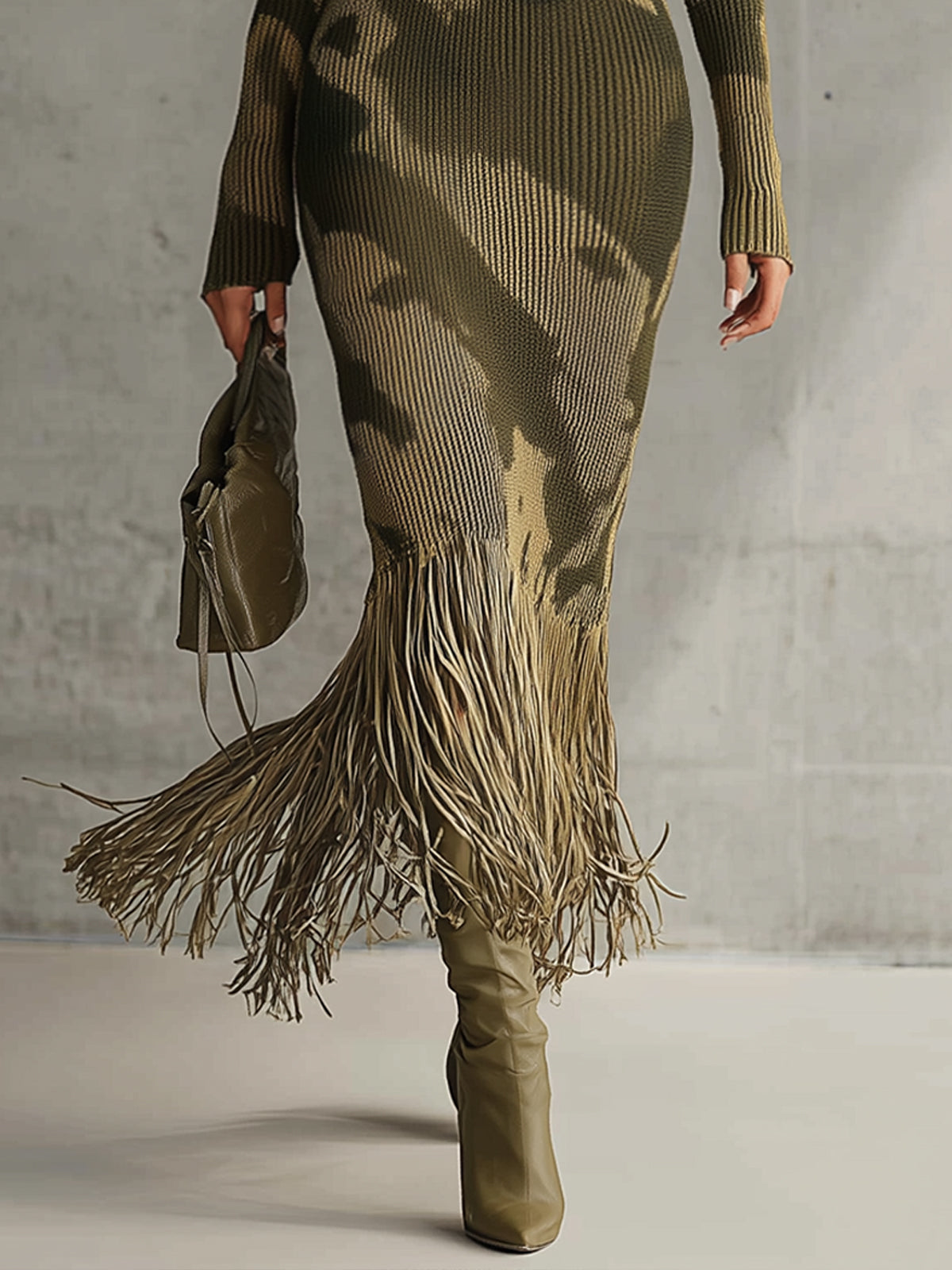 ARABELA | Vestido Largo de Punto de Canalé de Camuflaje con Flecos