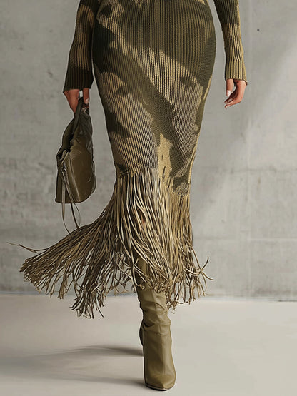 ARABELA | Vestido Largo de Punto de Canalé de Camuflaje con Flecos