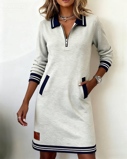 EULALIA | Vestido Casual de Manga Larga con Cremallera y Cuello en Contraste
